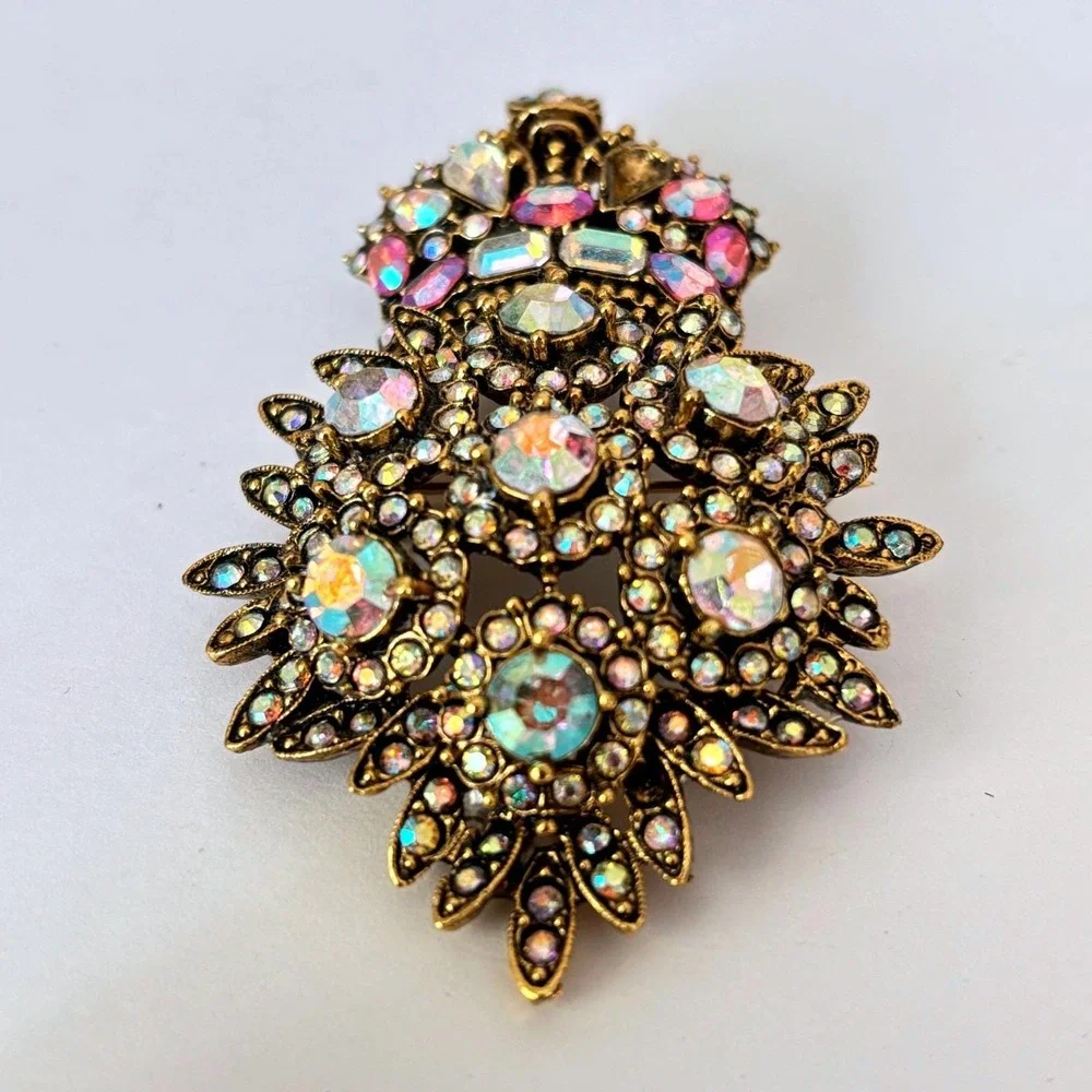 Vtg R Serbin Brooch Crown Royal Crest Gold Tone Rhinestone Aurora Borealis *Read